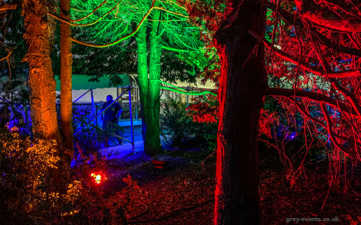 Grey Events provided atmospheric LED floodlighting in bushes and trees at Dundee Students Grad Ball Party