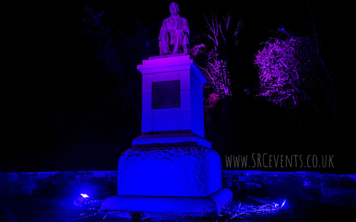Lighting up the statue of Peter Reid in The Reid Park in Forfar, Scotland as part of the Light It In Red and We Make Events social media campaigns - which were actively ignored by the government and media.