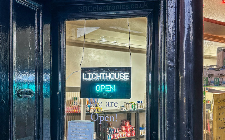 I designed this LED Open Sign PCB for a local shop. It uses 595-series Shift Registers and PICAXE microprocessors.