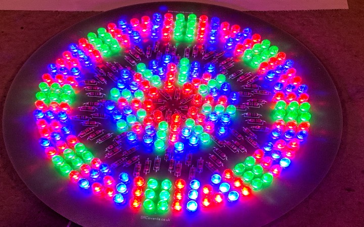 PAR56 LED lamp retrofit PCB for 5mm, 8mm & 10mm LEDs. Can be used with quarter-watt resistors and a DMX decoder, LED tape driver or 12V DC power.