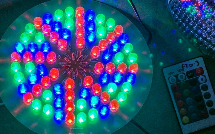 PAR56 LED lamp retrofit PCB for 5mm, 8mm & 10mm LEDs. Can be used with quarter-watt resistors and a DMX decoder, LED tape driver or 12V DC power.